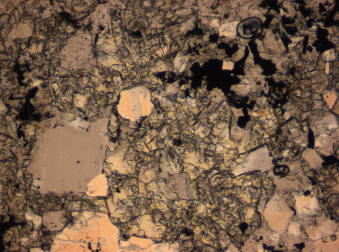 Thin Section Photograph of Apollo 16 Sample 65015,164 in Plane-Polarized Light at 2.5x Magnification and 2.85 mm Field of View (View #21)