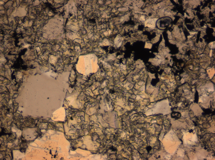 Thin Section Photograph of Apollo 16 Sample 65015,164 in Plane-Polarized Light at 2.5x Magnification and 2.85 mm Field of View (View #22)