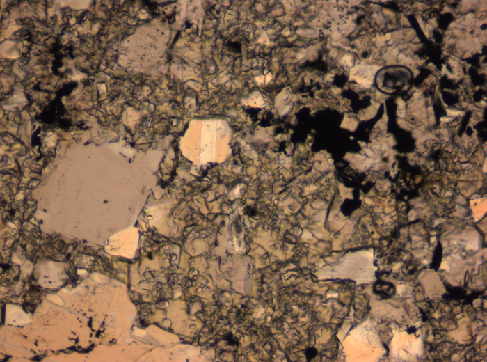 Thin Section Photograph of Apollo 16 Sample 65015,164 in Plane-Polarized Light at 2.5x Magnification and 2.85 mm Field of View (View #24)