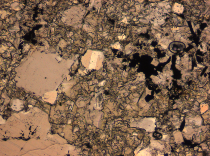 Thin Section Photograph of Apollo 16 Sample 65015,164 in Plane-Polarized Light at 2.5x Magnification and 2.85 mm Field of View (View #26)