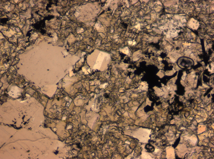 Thin Section Photograph of Apollo 16 Sample 65015,164 in Plane-Polarized Light at 2.5x Magnification and 2.85 mm Field of View (View #28)