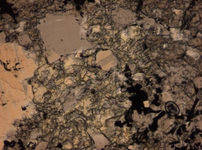Thin Section Photograph of Apollo 16 Sample 65015,164 in Plane-Polarized Light at 2.5x Magnification and 2.85 mm Field of View (View #35)