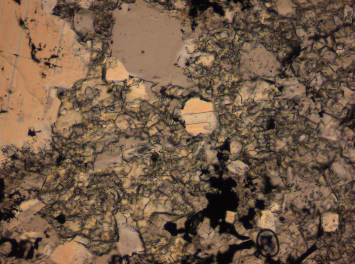 Thin Section Photograph of Apollo 16 Sample 65015,164 in Plane-Polarized Light at 2.5x Magnification and 2.85 mm Field of View (View #40)
