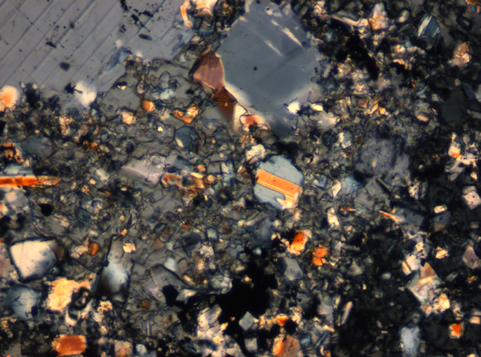 Thin Section Photograph of Apollo 16 Sample 65015,164 in Cross-Polarized Light at 2.5x Magnification and 2.85 mm Field of View (View #46)