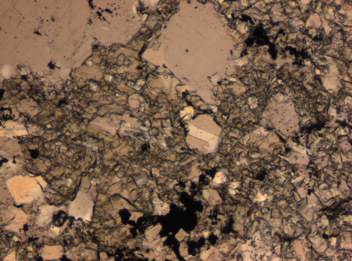Thin Section Photograph of Apollo 16 Sample 65015,164 in Plane-Polarized Light at 2.5x Magnification and 2.85 mm Field of View (View #46)