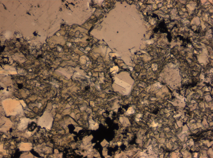 Thin Section Photograph of Apollo 16 Sample 65015,164 in Plane-Polarized Light at 2.5x Magnification and 2.85 mm Field of View (View #47)