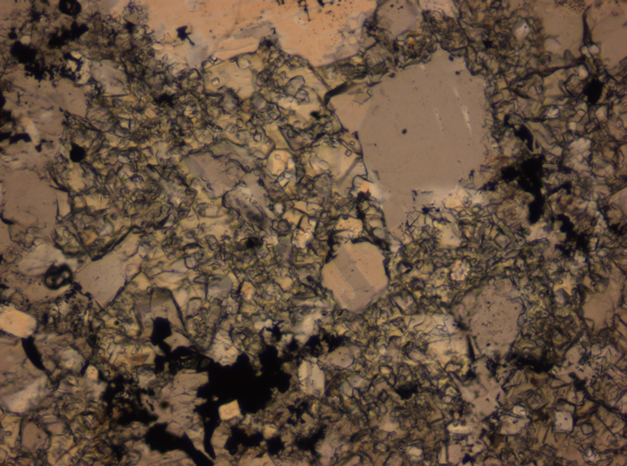 Thin Section Photograph of Apollo 16 Sample 65015,164 in Plane-Polarized Light at 2.5x Magnification and 2.85 mm Field of View (View #52)