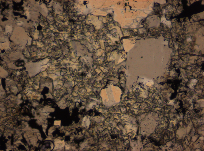 Thin Section Photograph of Apollo 16 Sample 65015,164 in Plane-Polarized Light at 2.5x Magnification and 2.85 mm Field of View (View #56)