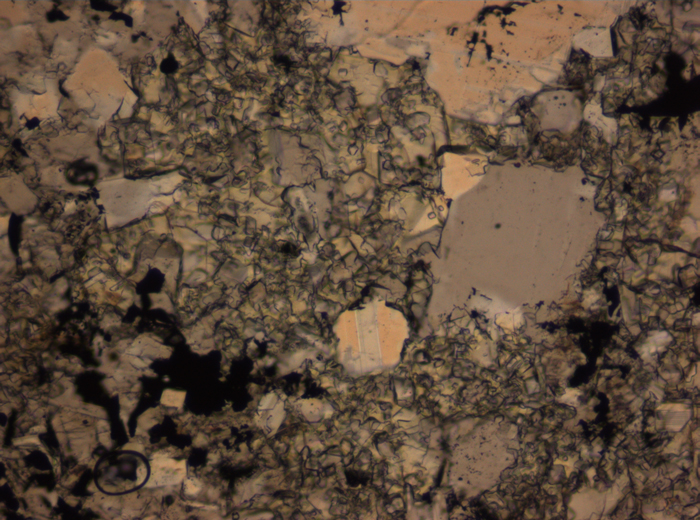 Thin Section Photograph of Apollo 16 Sample 65015,164 in Plane-Polarized Light at 2.5x Magnification and 2.85 mm Field of View (View #58)