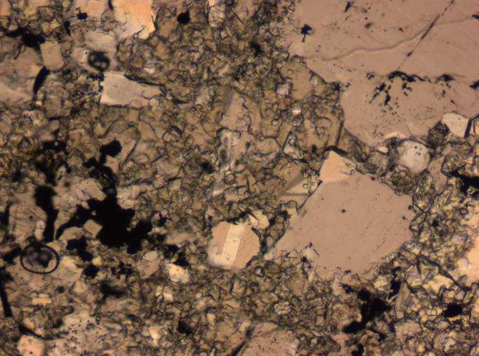 Thin Section Photograph of Apollo 16 Sample 65015,164 in Plane-Polarized Light at 2.5x Magnification and 2.85 mm Field of View (View #63)
