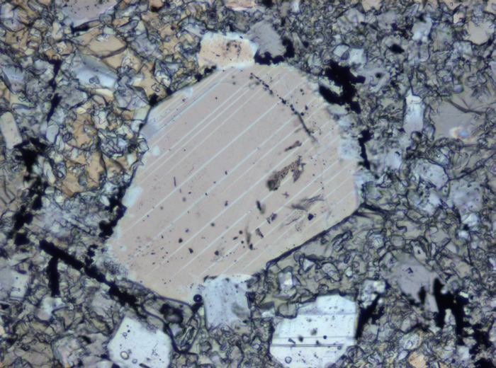Thin Section Photograph of Apollo 16 Sample 65015,164 in Plane-Polarized Light at 10x Magnification and 1.15 mm Field of View (View #3)