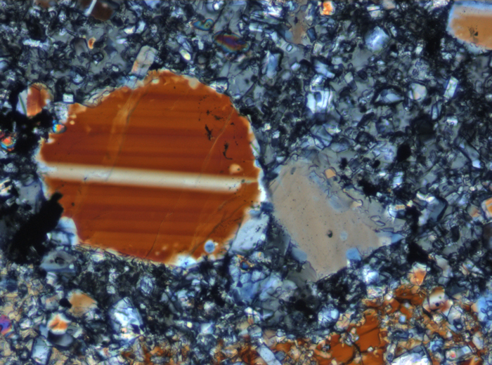 Thin Section Photograph of Apollo 16 Sample 65015,164 in Cross-Polarized Light at 10x Magnification and 1.15 mm Field of View (View #6)