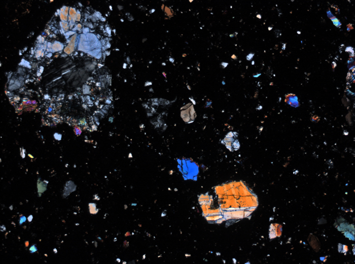 Thin Section Photograph of Apollo 17 Sample 70002,368 in Cross-Polarized Light at 2.5x Magnification and 2.85 mm Field of View (View #1)