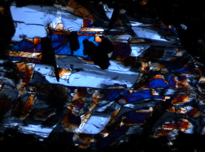 Thin Section Photograph of Apollo 17 Sample 70002,368 in Cross-Polarized Light at 10x Magnification and 0.7 mm Field of View (View #3)
