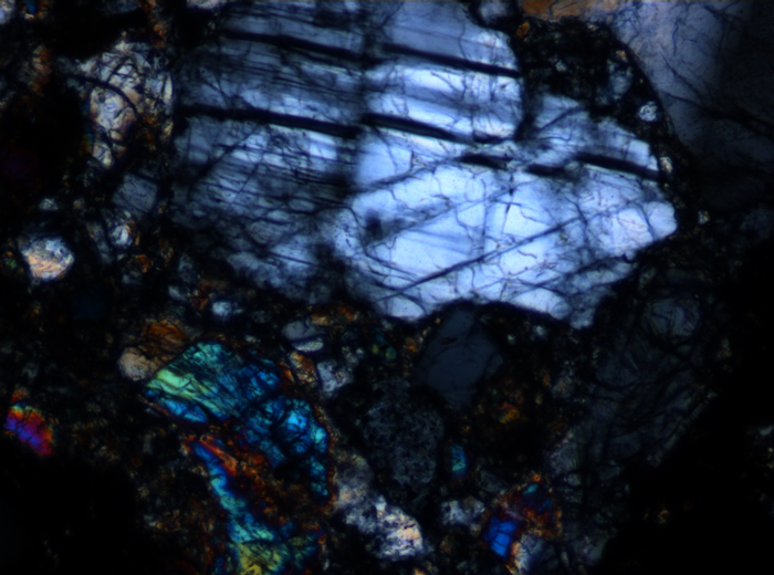 Thin Section Photograph of Apollo 17 Sample 70002,368 in Cross-Polarized Light at 10x Magnification and 0.7 mm Field of View (View #6)