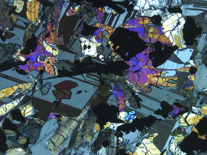 Thin Section Photograph of Apollo 17 Sample 70017,223 in Cross-Polarized Light at 5x Magnification and 2.3 mm Field of View (View #1)