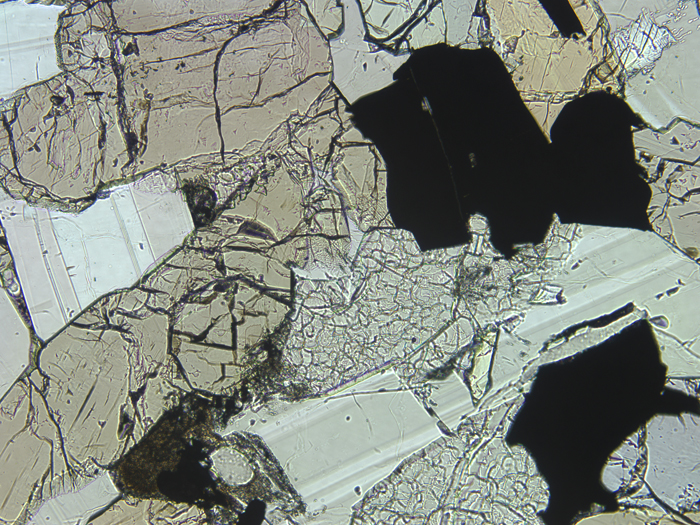 Thin Section Photograph of Apollo 17 Sample 70017,223 in Plane-Polarized Light at 10x Magnification and 1.15 mm Field of View (View #2)