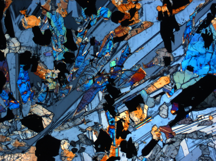 Thin Section Photograph of Apollo 17 Sample 70017,223 in Cross-Polarized Light at 2.5x Magnification and 2.85 mm Field of View (View #16)