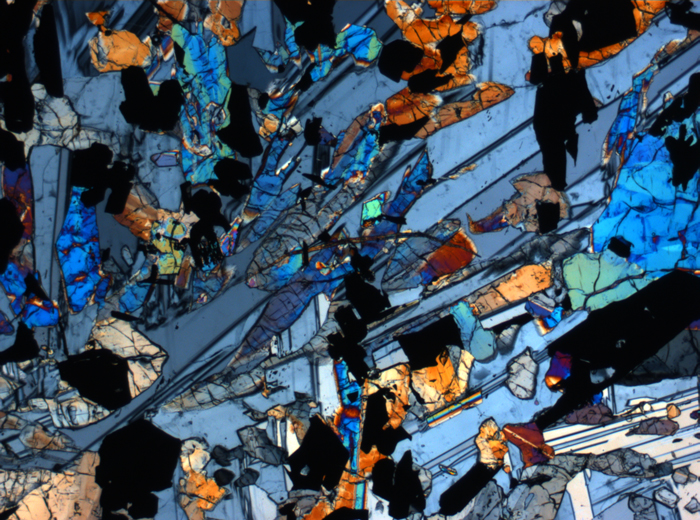 Thin Section Photograph of Apollo 17 Sample 70017,223 in Cross-Polarized Light at 2.5x Magnification and 2.85 mm Field of View (View #17)