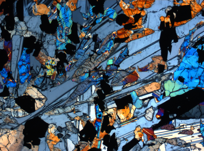 Thin Section Photograph of Apollo 17 Sample 70017,223 in Cross-Polarized Light at 2.5x Magnification and 2.85 mm Field of View (View #18)
