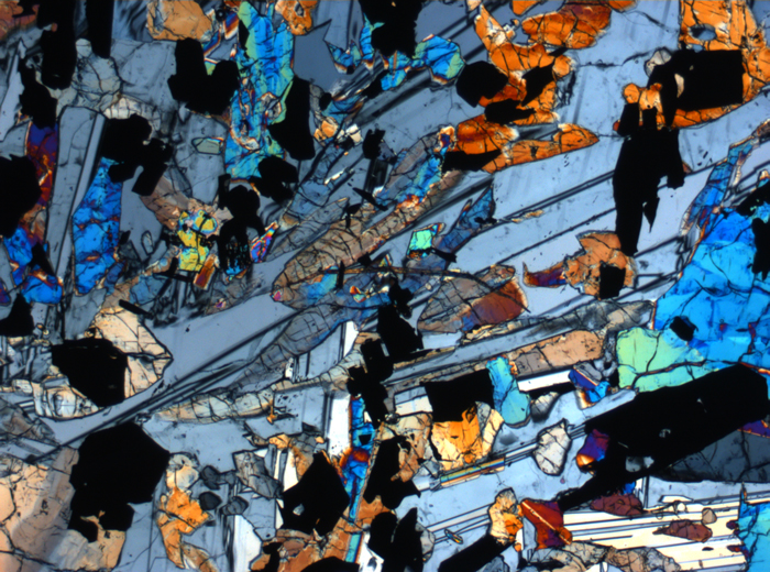 Thin Section Photograph of Apollo 17 Sample 70017,223 in Cross-Polarized Light at 2.5x Magnification and 2.85 mm Field of View (View #19)