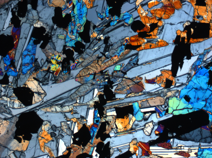 Thin Section Photograph of Apollo 17 Sample 70017,223 in Cross-Polarized Light at 2.5x Magnification and 2.85 mm Field of View (View #20)
