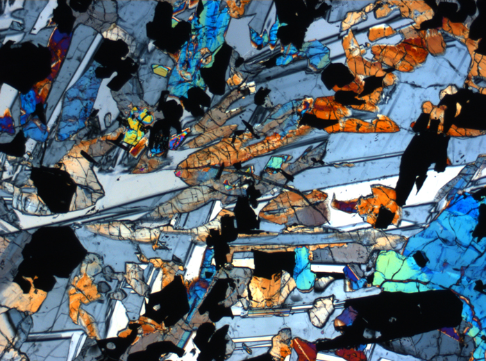 Thin Section Photograph of Apollo 17 Sample 70017,223 in Cross-Polarized Light at 2.5x Magnification and 2.85 mm Field of View (View #22)