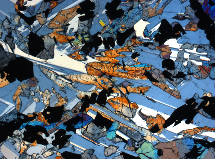 Thin Section Photograph of Apollo 17 Sample 70017,223 in Cross-Polarized Light at 2.5x Magnification and 2.85 mm Field of View (View #28)