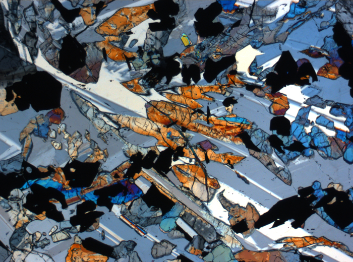 Thin Section Photograph of Apollo 17 Sample 70017,223 in Cross-Polarized Light at 2.5x Magnification and 2.85 mm Field of View (View #30)