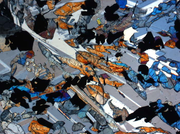 Thin Section Photograph of Apollo 17 Sample 70017,223 in Cross-Polarized Light at 2.5x Magnification and 2.85 mm Field of View (View #31)