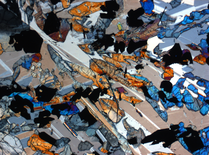 Thin Section Photograph of Apollo 17 Sample 70017,223 in Cross-Polarized Light at 2.5x Magnification and 2.85 mm Field of View (View #32)