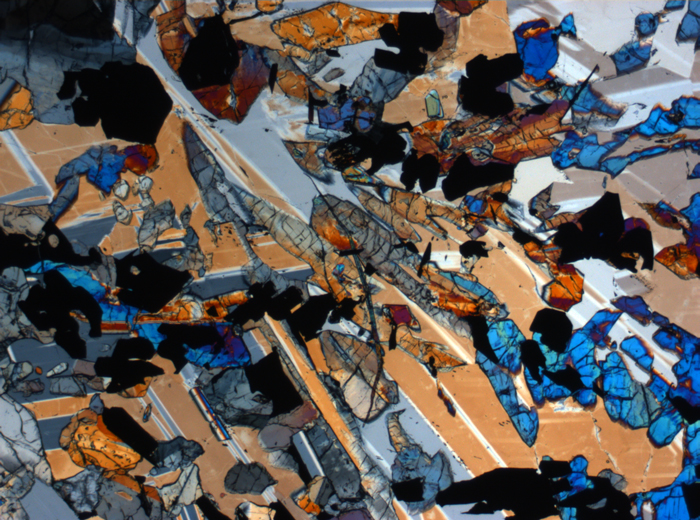 Thin Section Photograph of Apollo 17 Sample 70017,223 in Cross-Polarized Light at 2.5x Magnification and 2.85 mm Field of View (View #34)