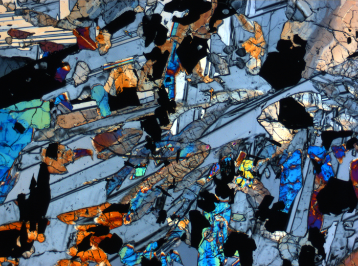 Thin Section Photograph of Apollo 17 Sample 70017,223 in Cross-Polarized Light at 2.5x Magnification and 2.85 mm Field of View (View #55)