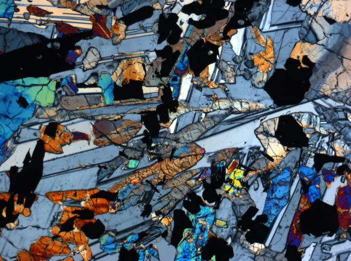 Thin Section Photograph of Apollo 17 Sample 70017,223 in Cross-Polarized Light at 2.5x Magnification and 2.85 mm Field of View (View #57)