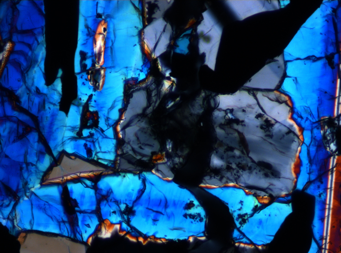 Thin Section Photograph of Apollo 17 Sample 70135,66 in Cross-Polarized Light at 10x Magnification and 0.7 mm Field of View (View #5)