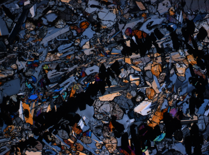 Thin Section Photograph of Apollo 17 Sample 71035,29 in Cross-Polarized Light at 2.5x Magnification and 2.85 mm Field of View (View #1)