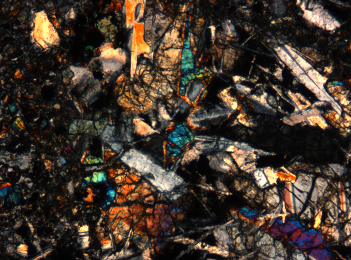 Thin Section Photograph of Apollo 17 Sample 72275,136 in Cross-Polarized Light at 5x Magnification and 1.4 mm Field of View (View #1)