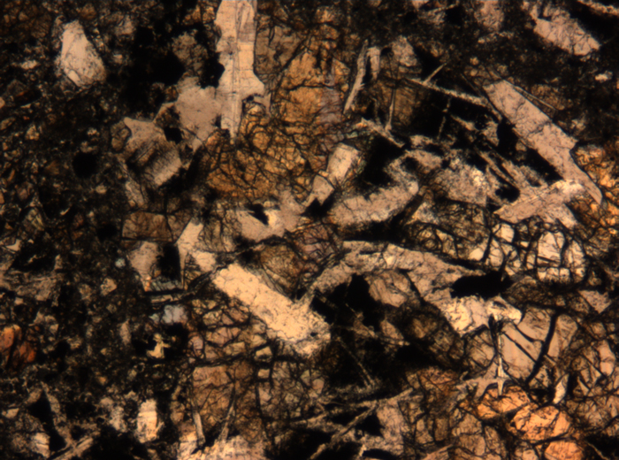 Thin Section Photograph of Apollo 17 Sample 72275,136 in Plane-Polarized Light at 5x Magnification and 1.4 mm Field of View (View #1)