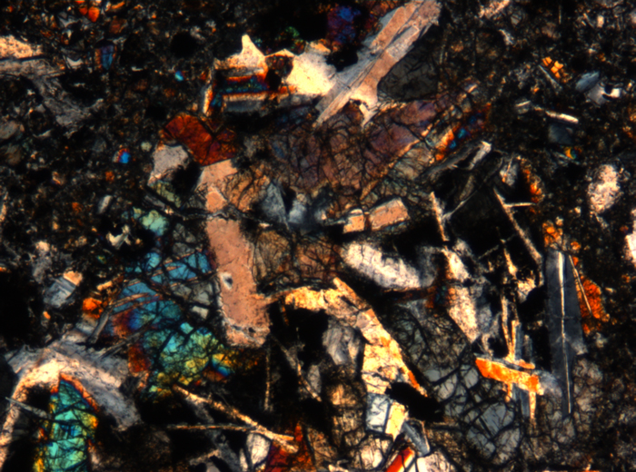Thin Section Photograph of Apollo 17 Sample 72275,136 in Cross-Polarized Light at 5x Magnification and 1.4 mm Field of View (View #9)