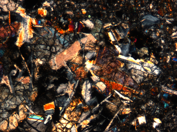 Thin Section Photograph of Apollo 17 Sample 72275,136 in Cross-Polarized Light at 5x Magnification and 1.4 mm Field of View (View #22)