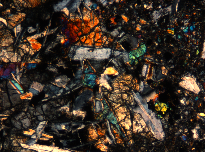 Thin Section Photograph of Apollo 17 Sample 72275,136 in Cross-Polarized Light at 5x Magnification and 1.4 mm Field of View (View #30)