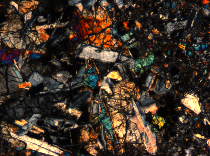 Thin Section Photograph of Apollo 17 Sample 72275,136 in Cross-Polarized Light at 5x Magnification and 1.4 mm Field of View (View #32)