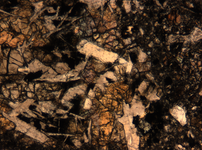 Thin Section Photograph of Apollo 17 Sample 72275,136 in Plane-Polarized Light at 5x Magnification and 1.4 mm Field of View (View #34)
