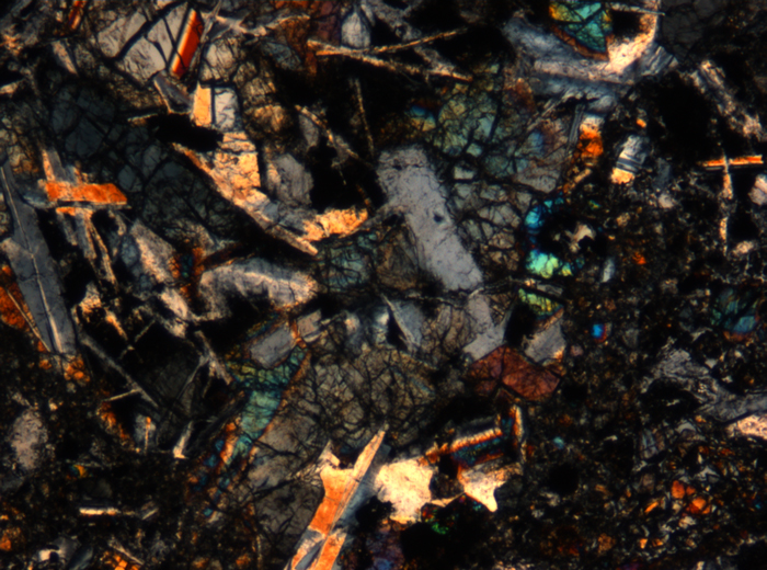 Thin Section Photograph of Apollo 17 Sample 72275,136 in Cross-Polarized Light at 5x Magnification and 1.4 mm Field of View (View #42)