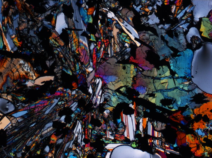 Thin Section Photograph of Apollo 17 Sample 74255,62 in Cross-Polarized Light at 2.5x Magnification and 2.85 mm Field of View (View #1)