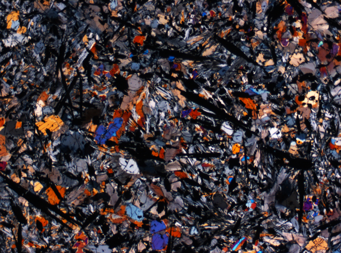Thin Section Photograph of Apollo 17 Sample 74275,95 in Cross-Polarized Light at 2.5x Magnification and 2.85 mm Field of View (View #2)