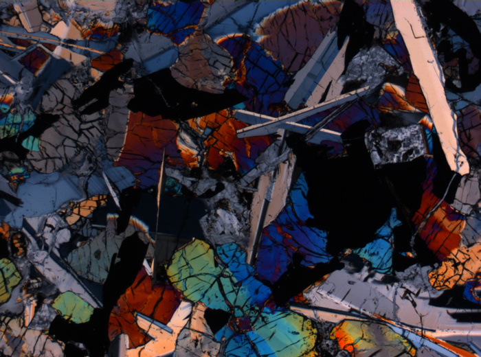 Thin Section Photograph of Apollo 17 Sample 75055,15 in Cross-Polarized Light at 2.5x Magnification and 2.85 mm Field of View (View #1)