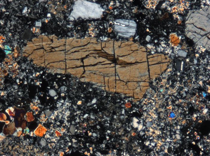 Thin Section Photograph of Apollo 17 Sample 76015,102 in Cross-Polarized Light at 5x Magnification and 1.4 mm Field of View (View #2)