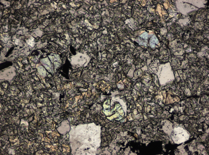 Thin Section Photograph of Apollo 17 Sample 76015,102 in Plane-Polarized Light at 10x Magnification and 0.7 mm Field of View (View #5)