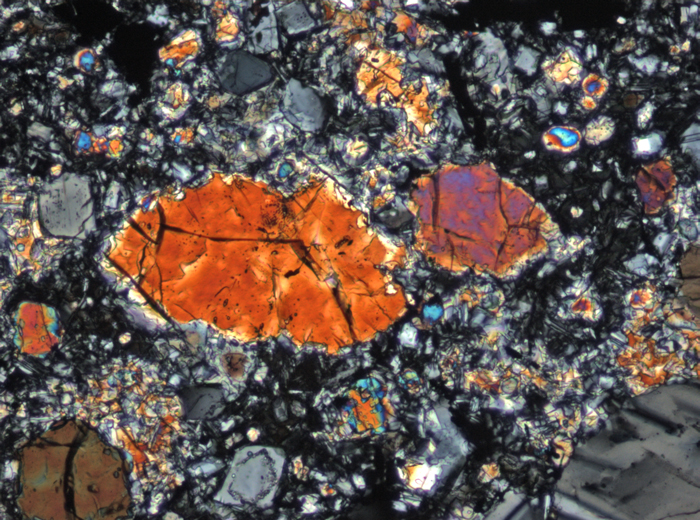 Thin Section Photograph of Apollo 17 Sample 76015,102 in Cross-Polarized Light at 10x Magnification and 0.7 mm Field of View (View #6)